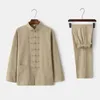 Ethnic Clothing Chinese Traditional Set Man Cotton Linen Buckle Shirt Oriental Retro Top Pants Tai Chi Breathable Uniform TA382