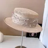 Berets Pearl Ribbon Linen Hat Designer Luxe Franse Flat Top Banquet Beach Vakantie Zonnebrandcrème Zomer Ladies Straw Zon