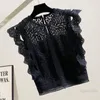 Kvinnors T-skjortor Svart spets t-shirt f￶r kvinnor mode virkade ih￥liga utsprutade s￶mmar flygande ￤rmar sn￶rda tee lady chic topp