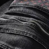 Herr jeans män streetwear stretch jeans blixtlås veckade lapptäcke smala mager blyertsbyxor svart avsmalnande cyklistbyxor T221102