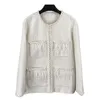 2022 Autumn Ivory Solid Color Feather Tweed Jacket Long Sleeve Round Neck Pockets Classic Jackets Coat Short Outwear A2N086367