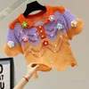Kvinnors T-skjortor ihåliga pärlor Rhinestones Flower T-shirt Kvinnor 2022 Summer Korean Style Hög midja Kort färg Stitching Edge Sleeve