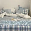 Set di biancheria da letto Copripiumino patchwork blu bianco grigio Copripiumino in cotone lavato Set morbido con lacci con cerniera Fodere per cuscini