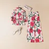 Women's Two Piece Pants French country style big flower printing beautiful fashionable retro middle sleeve waist shirt trousers western-style atmosphere suit