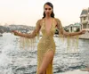 Luxury Gold Mermaid Prom Dresses Beaded Sequined Split Party Dresses Deep V Neck Tassels Custom Made Evening Dress