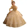 Gold Bling Sequin Girls Pageant Fluffy Off the Shoulder Ruched Flower Girl Dress Ball Glows Birthday Party Dresses For Baby 403