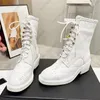 Motorcycle Quilted Boots Military white black leather Combat boot womens Lace Up Buckle Booties size 35-40