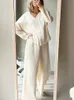 Pigiama da donna Pigiama sexy Kaki Indumenti da notte in puro cotone Scollo a V Monopetto Pantaloni a gamba larga Tailleur pantalone Maniche lunghe Set Donna 2 Pezzi Loungewear