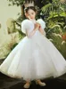 White Lace Flower Girl Dresses Långa ärmar för bröllop Appliced ​​Ball Gown Toddler Pageant -klänningar Tulle Custom Made First Communion Dress 403