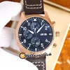 43mm piloter Little Prince IW377714 Automatisk herrklocka Blue Dial No Chronograph Steel Case Brown Leather Strap Dubbel kalender Nya klockor Hellowatch E208