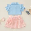 Kledingsets Kid Girl Outfits Set Rapel Ruche Trim korte mouw knoppen shirts tops met boogvlinder decoratie maas rok