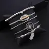 Link Bracelets 5 Pcs/Set Women Fashion Shell Compass Heart Beaded Hollow Geometry Tassel Silver Color Bracelet Set Bohemian Charm Jewelry