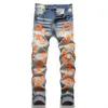 Herr jeans män orange läder lappar stretch denim jeans streetwear hål rippade avsmalnande byxor vintage nödställda blå byxor t221102