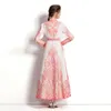 캐주얼 드레스 2022 여성을위한 가을 긴 드레스 우아한 패션 발목 길이 파티 로브 랜턴 슬리브 스탠드 칼라 제국 빈티지 핑크