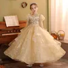 Gold Bling Sequin Girls Pageant Fluffy Off the Shoulder Ruched Flower Girl Dress Ball Glows Birthday Party Dresses For Baby 403