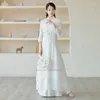 Etniska kläder 2022 Traditionell kinesisk vintage zenuppsättning Förbättrad Hanfu kläder Kvinnor National Flower Print Chiffon Qipao Dress Pants