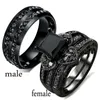 Fashion Couple Rings Women Black Heart Crystal CZ Rings Set Men's Two Rows Black CZ Stone Stainless Steel Ring Wedding Jewelry
