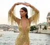 Luxury Gold Mermaid Prom Dresses Beaded Sequined Split Party Dresses Deep V Neck Tassels Custom Made Evening Dress