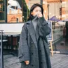 Women's Wool Blends Elegant Women Plaid Coat Korea Retro Dark Gray Double Breasted Long Sleeve Chic Loose Outerwear Ladies Jacket Overcoat 221114