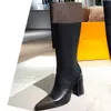 High heeled Long boots Autumn winter Pointed Printed SHoes Coarse heel women shoes leather zipper letter designer shoe lady Heels Flat knee boot size 35-41 With box