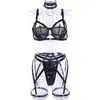 Träningsoveraller för kvinnor Punk Gothic Svart PU-läder Sexiga Underkläder Outfits Rygglöst linne Gartars Stringtrosa Transparent Clubwear Party Sets för kvinnor