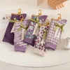 Autumn and Winter Socks Purple Thousand Bird Checker Middle Tube Japanese Academy Style Double Needle Double Way Vintage Cotton