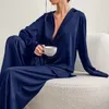 Mulheres duas peças calças outono inverno cetim seda sleepwear elegante mulheres soltas manga longa baixo corte sexy pijama feminino conjuntos de treino 221115