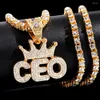 Cadenas Bling Full Rhinestone Corona Carta CEO Colgante Collar Para Hombres Mujeres 5 MM Iced Out Crystal Cadena Hip Hop Joyería