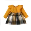 Mädchen Kleider Kleinkind Baby Mädchen Kleid Gestrickte Rippen Plaid Patchwork Rundhals Langarm Herbst Winter Casual Prinzessin A-linie