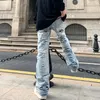 Herrjeans Baggy Hole Flare Jeansbyxor Herr Hip Hop Distressed Streetwear Ripped Utsvängd Biker Skräddarsydd Tvättad Förstörd