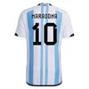 3スター2022アルゼンチンサッカージャージーファンプレーヤーバージョンワールドカップディバラメシスアグエロマラドーナディマリアホームアウェイ3XL 4XLメンズキッズキットソックスサッカーシャツ