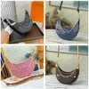 Garden Floral Half-moon Baguette: Chain Shoulder Designer Handbag 2023SS, Jacquard Denim Grey Blue Pink for Everyday.