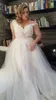 Floral Print V-neck Neckline Plus Size Wedding Dress with Tulle Lace Applique Pearls Beads A-line Sweep Train Bridal Dresses