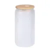 US warehouse 16oz Sublimation Glass Beer Mugs with Bamboo Lid Straw DIY Blanks Frosted Clear Can Shaped Tumblers Cups Heat Cocktail Iced Coffee Soda SS1115