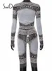 Женские брюки из двух частей Soefdioo, прозрачная сетка с принтом, укороченный топ с длинными рукавами и узкими шортами с круглым вырезом, комплект женской одежды, осенние спортивные костюмы 221115