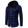 M￤ns avslappnade skjortor Luclesam Men's Plaid Hooded Shirt Double Flap Pockets Button Up Long Sleeved Business Sleeve Tops