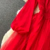 Hepburn French Retro Red Mesh Dress Beach Holiday Dress Elegant Pleated Big Swing Long Skirts