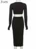 Robe de deux pièces JuSahy élégant solide noir femmes pièces ensembles manches longues crop top taille haute jupes fendues latérales correspondant streetwear 221115