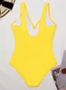 Wetsuits Drysuits Tummy Control Ruched Women's Swimwear V Neck Swimsuit Yellow Beachwear Bathing Suit Vintage Bodysuit Monokini 221107