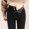 Winter grossa de veludo de veludo alta cintura jeans skinny lã simples e quente fit