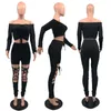 Womens Two Piece Pants Off the Shoulder 2 Set Women Sexy Long Sleeve Lace Up Ruched Crop Top Cut Out Skinny Club Party Outfits Sets 221115