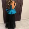 Contrast Color Prom Dresses Strapless Blue Tulle Black Formal Gown Ruffles Top Saudi Arabic Women Evening Party Dress