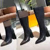 High heeled Long boots Autumn winter Pointed Printed SHoes Coarse heel women shoes leather zipper letter designer shoe lady Heels Flat knee boot size 35-41 With box