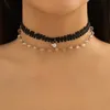 Mehrschichtige schwarze kurze Halsband-Halskette für Frauen, Braut, Kristall-Anhänger, Schlüsselbeinkette, Schmuck, Weihnachtsgeschenk