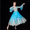 Bühnenkleidung, modisch, blau, indischer Stil, ethnische Kleidung, uigurische Kleidung, Performance, Xinjiang-Tanzkleid, chinesische Volkskostüme