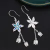 Brincos de balanço 925 Sterling Silver Blue Flower Long Tassel para mulheres Ethnic Simple esmalte broto pendurado Jóias EH170