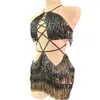 Stage Wear Shining Black Fringes Dress Women Sexy Mesh Veja através de Mini Vestidos Dance Costume Performance