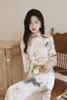 Ethnic Clothing Autumn Beige Suede Cheongsam Lotus Print Long Sleeve Vintage Dress Women Costumes Elegant Qipao S To XXL