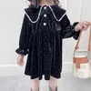 Vestidos de menina Meninas vestido de veludo para crianças vintage Turn Down Colle Blouse Long Children Casaul Clothing Navy Year