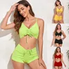 Suits Echoine Solid Color Mid Waist Bikini Sets Swimsuit Women Sexy Lace Up Two Pieces Separate Swimwear Beach Bathing Suit 221107